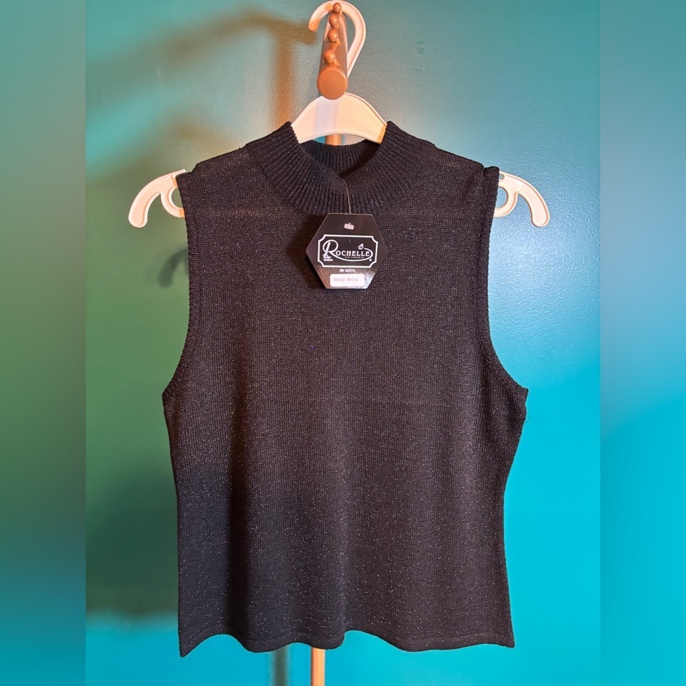 Rochelle Black Sleeveless Fitted Sweater with Mandarin Collar and Sparkle